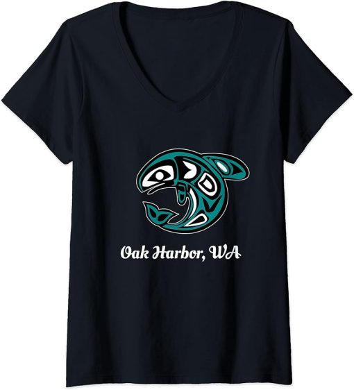 Womens Oak Harbor WA Native American Tribal Orca Killer Whale V-Neck T-Shirt