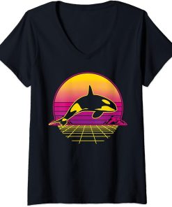 Womens Killer Whale Orca Sea Ocean Retro Vintage Sunset Grid Gift V-Neck T-Shirt