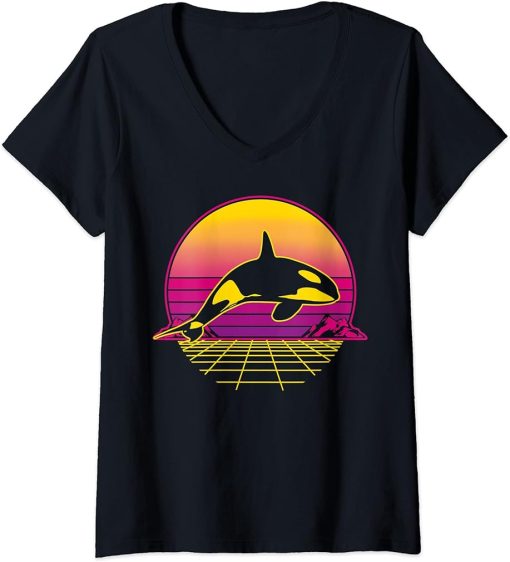 Womens Killer Whale Orca Sea Ocean Retro Vintage Sunset Grid Gift V-Neck T-Shirt