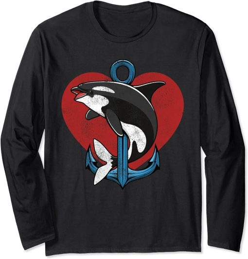 Orca And Anchors Heart Save The Ocean Protect Orcas Long Sleeve T-Shirt