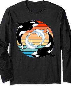 Orca whales and Dolphins retro sunset Long Sleeve T-Shirt