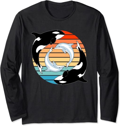 Orca whales and Dolphins retro sunset Long Sleeve T-Shirt