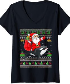 Womens Ugly Xmas Funny Santa Claus Riding Orca Fish Christmas V-Neck T-Shirt