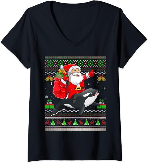 Womens Ugly Xmas Funny Santa Claus Riding Orca Fish Christmas V-Neck T-Shirt